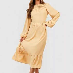 boohoo blouson sleeve midi smock dress in stone size 12